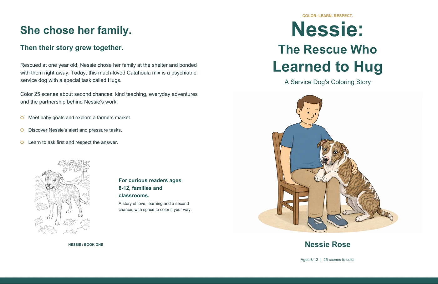 Front cover of Nessie: The Rescue Who Learned to Hug, showing Nessie resting against her seated person