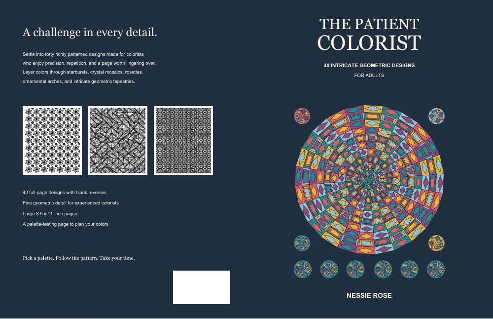 Front cover of The Patient Colorist, with an intricate colorful geometric design on a navy background